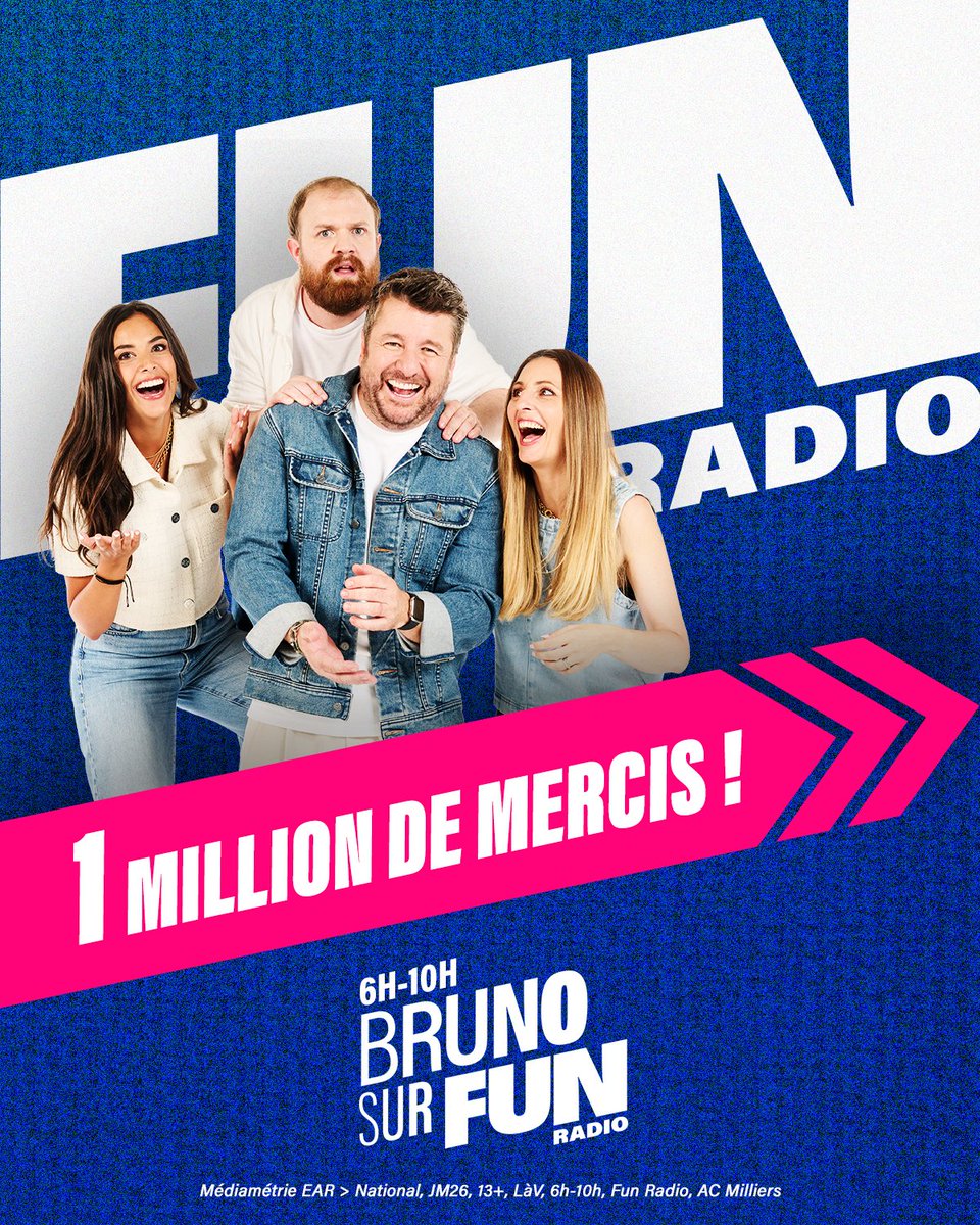RTL_presse's tweet image. 🔴🎙️#AudiencesRadio 1 million de mercis et bravo à @BrunoGUILLONOff et toute l'équipe de Bruno Sur Fun Radio 💙🫶
#Radio #Médiamétrie #FUNRADIO