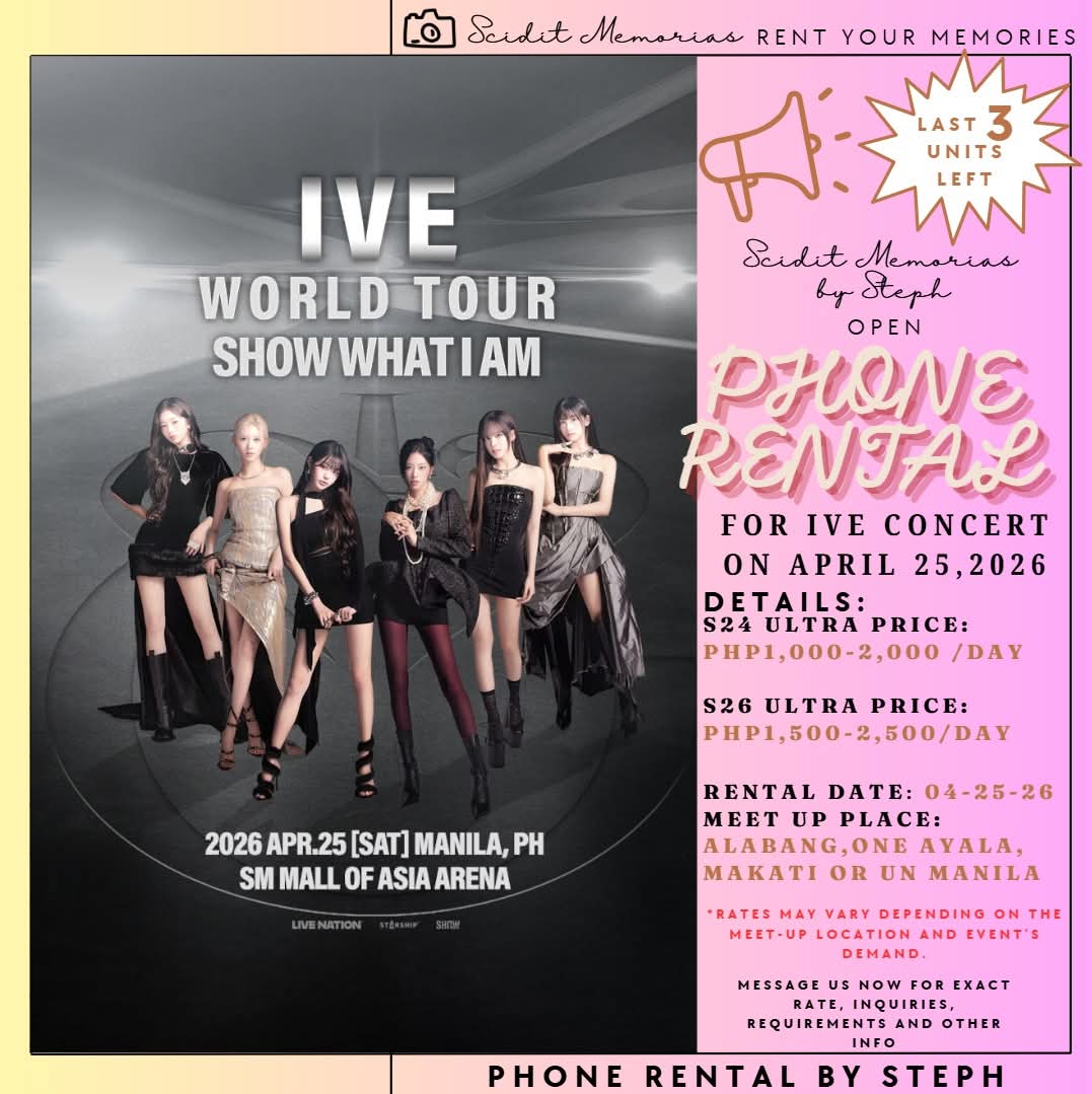 97clairdelune_'s tweet photo. IVE in Manila! 

Looking for a phone rental to capture high-quality photos and unforgettable memories? We’ve got you covered!

Slots are now available, so make sure to reserve yours now before we’re fully booked 🫣
#phonerental #phonerentalph #IVE #samsunggalaxyphonerental https://t.co/K4KtlZo8NT