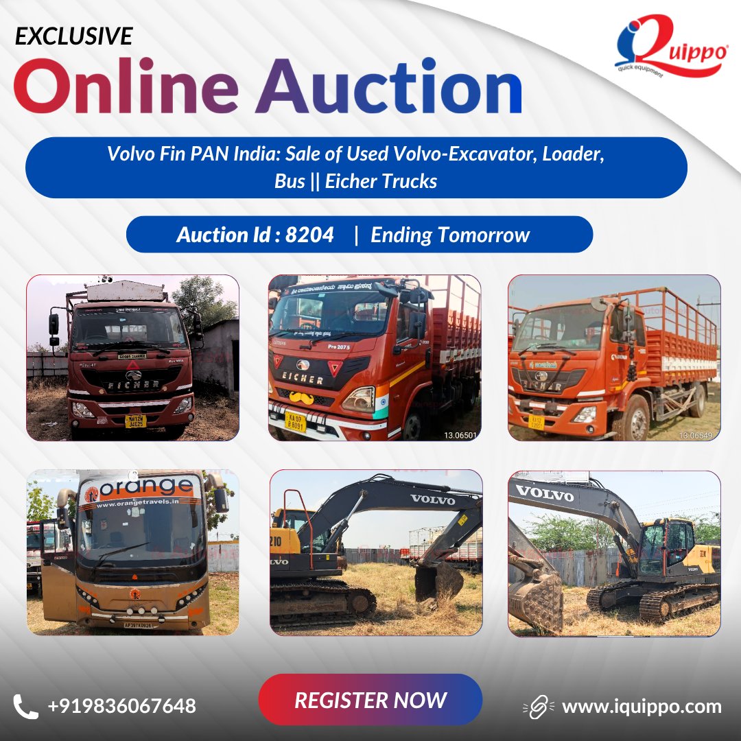 IQuippo's tweet photo. 🚨 PAN India Auction – Ending Tomorrow
Used Volvo Excavator | Loader | Bus | Eicher Trucks

🔗 Register Here:
https://t.co/vHDLcY3e5z
📞 +91 9836067648

#AuctionAlert #VolvoExcavator #EicherTrucks #UsedMachinery #TruckAuction #BidNow #HeavyMachinery https://t.co/3fCaDorepB