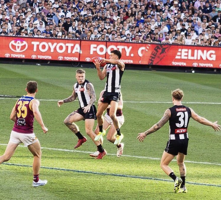 IncrediblyBozza's tweet photo. The iconic handball to Jordan De Goey in the grand final 🖤🤍
It was incredible and to see it live was magical 😍
#GoPies #AFL #Nick100 #Daicos100 #Daics100 #ND100 https://t.co/GD24qW0A8Q