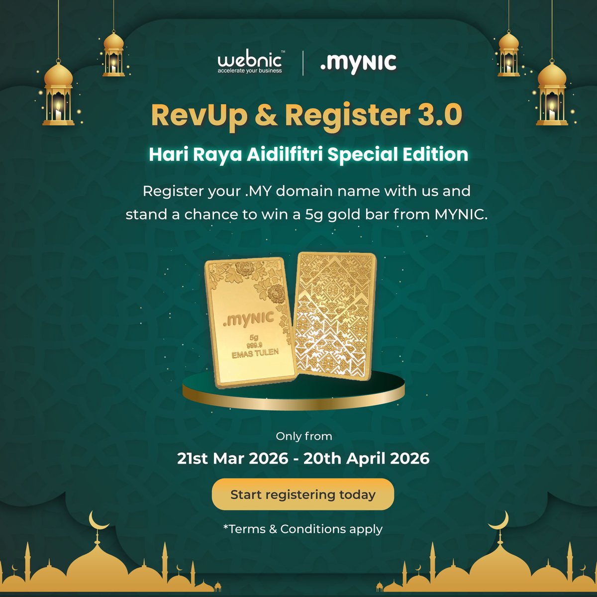 webnic_cc's tweet photo. 🌙 Raya Special ✨
Register your .MY domain
 🪙Stand a chance to WIN a 5G GOLD BAR
 📅21 Mar – 20 Apr 2026
Don’t miss out 👇
 👉Register now: https://t.co/SZ9M0msjcF
 #WebNIC #MYNIC #RayaDeals #WinGold https://t.co/FJJXk5ADtK