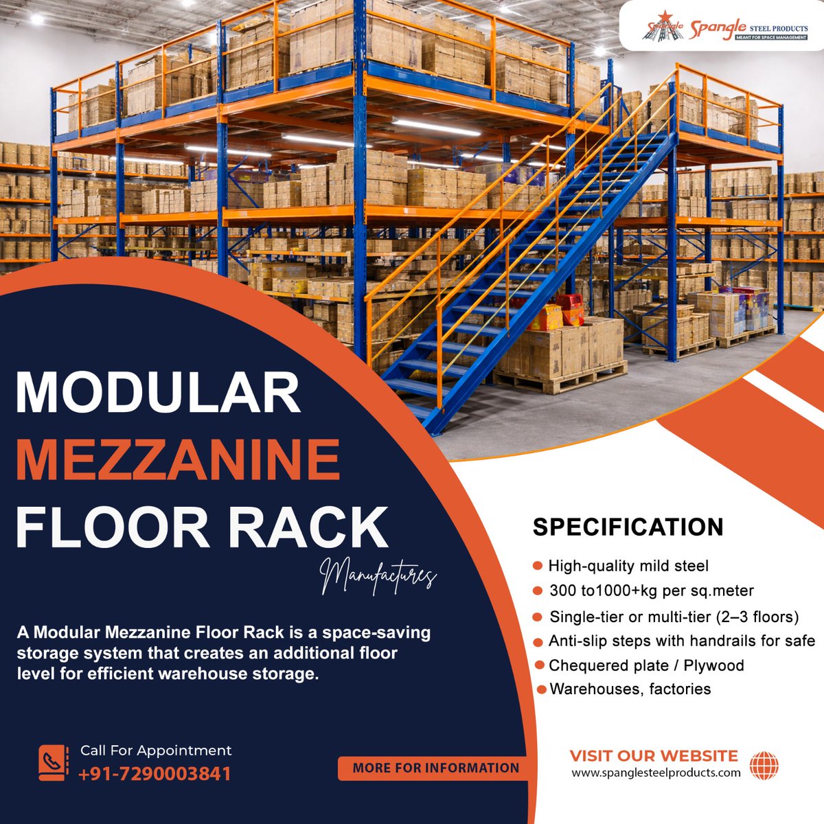 Spangle_Product's tweet image. Need more space without expanding your warehouse?
Our Modular Mezzanine Floor Rack is the perfect solution! 🏗️
💼 Smart storage = Smart business growth

#mezzaninefloor #warehouse #storagesystem #industrialdesign #factorysetup #logisticsindia #warehouseoptimization #business
