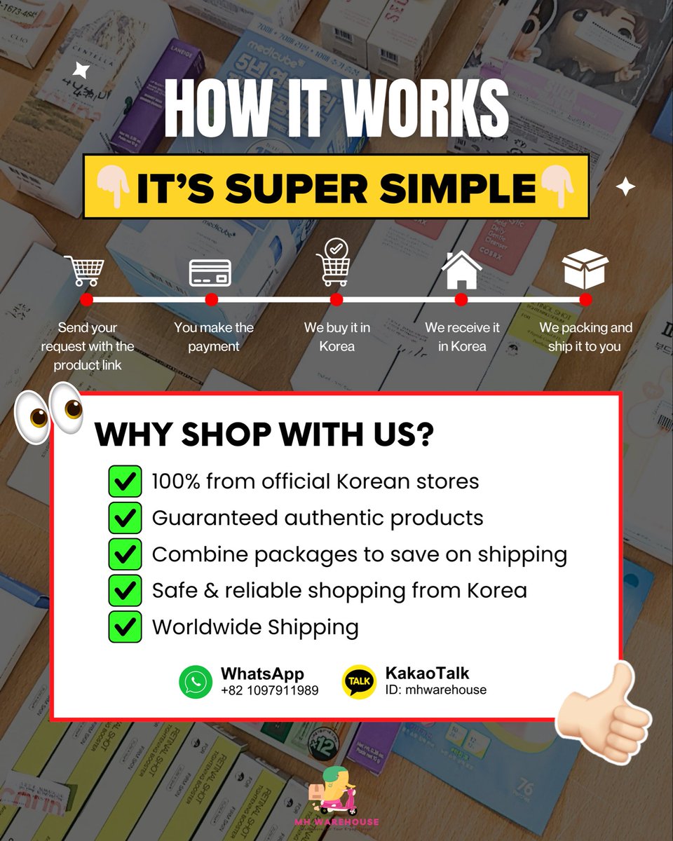 mhwarehouse's tweet image. Shop K-beauty from Korea, the easy way 🇰🇷✨
Send the link — we handle the rest 🛍
#kaddy #koreanwarehouse

t. Korean warehouse forwarding consol proxy weverse kpop GO jastip oliveyoung daiso spao miniteen wts po jastip BTS nct blackpink gdragon newjeans seventeen exo merch jennie