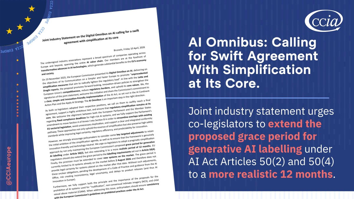 CCIAeurope's tweet image. We've joined a broad industry coalition calling for targeted improvements to the #AIomnibus. 🎯 

⏱️ EU co-legislators should extend the grace period for #generativeAI labelling under #AIact Articles 50(2) and 50(4) to a more realistic 12 months. 

➡️ ccianet.org/library/joint-…
