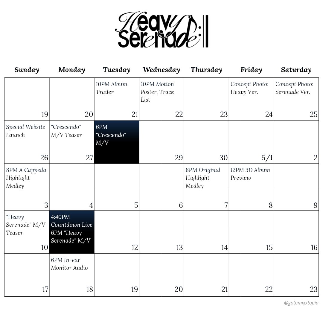 gotomixxtopia's tweet photo. Heavy Serenade Timetable

#NMIXX #엔믹스
#HeavySerenade https://t.co/OM1ceUhEmu