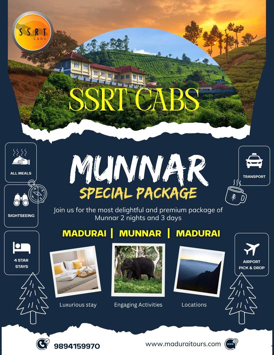 SSRTCABS's tweet photo. ᴇꜱᴄᴀᴘᴇ ᴛᴏ ᴛʜᴇ ʜɪʟʟꜱ ᴡɪᴛʜ ᴏᴜʀ ᴍᴜɴɴᴀʀ ꜱᴘᴇᴄɪᴀʟ ᴘᴀᴄᴋᴀɢᴇ!
📍 Madurai ➡️ Munnar ➡️ Madurai
🏨 4 Star Stay
🍽️ All Meals
📸 Scenic Sightseeing
 𝕭𝖔𝖔𝖐 𝕹𝖔𝖜: 9894159970
𝓌𝓌𝓌.𝓂𝒶𝒹𝓊𝓇𝒶𝒾𝓉𝑜𝓊𝓇𝓈.𝒸𝑜𝓂
#Munnar #MaduraiTours #KeralaTour #SSRTCabs https://t.co/KWU83ye0Xf