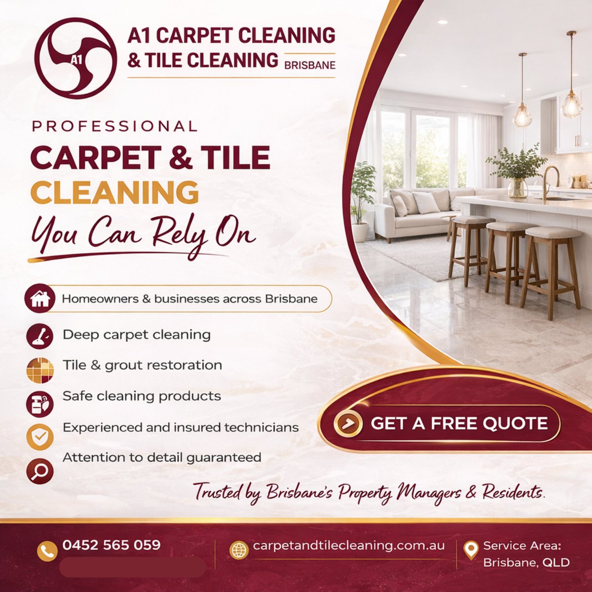 a1cleanofficial's tweet image. A1 Carpet Cleaning &amp;amp; Tile Cleaning Brisbane offers dependable, high-quality service for homes and rentals.

Service Areas: Brisbane, Logan &amp;amp; Ipswich
Phone: +61 452 565 059
Website: carpetandtilecleaning.com.au

#Brisbane #Logan #Ipswich #CarpetCleaning #TileCleaning