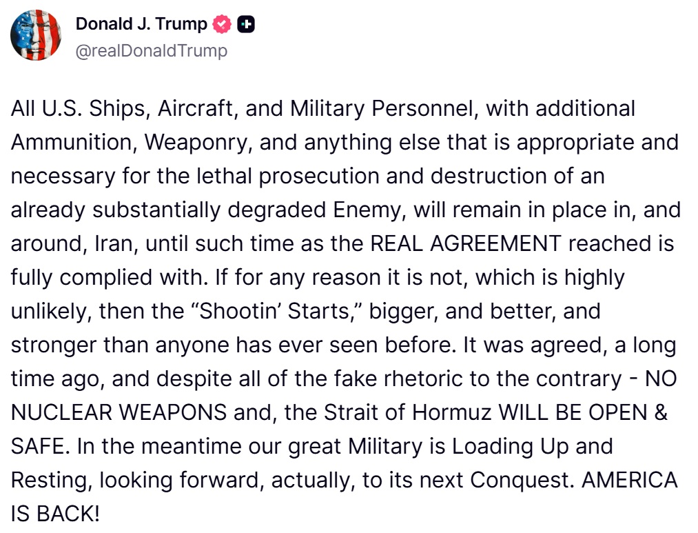 wsjupdates's tweet photo. Donald Trump Warns of Escalation With Iran, Vows Military Presence Until “Real Agreement” Is Enforced

#Hormuz #DonaldTrum #IranWar‌ #jdvance https://t.co/tXDA76jJpT