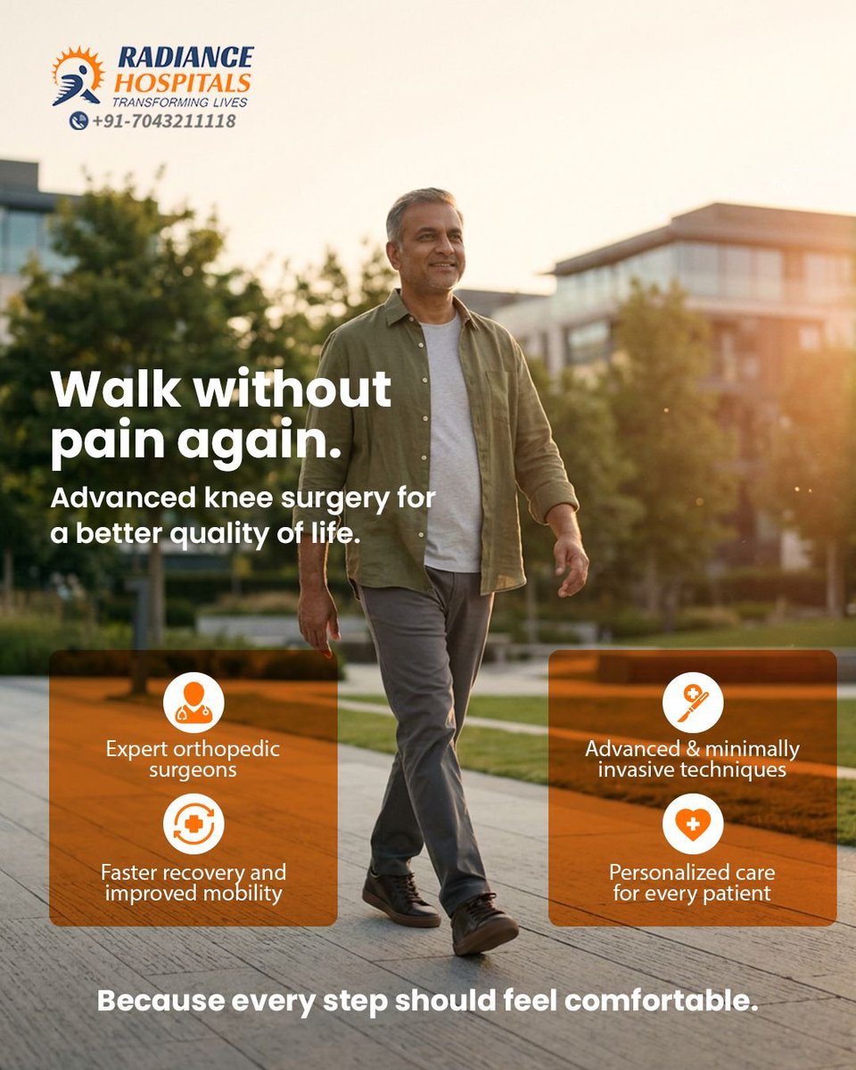 RadianceHosp's tweet photo. Experience advanced knee care designed for faster recovery and lasting relief.

Because you deserve to move without pain.

📞 Connect with us today. Dial 70432 11118. 

#RadianceHospitals 
#KneeCare
#PainFreeMovement
#JointHealth
#OrthopedicCare
#FasterRecovery
#PainRelief https://t.co/WyfcR9OqyD