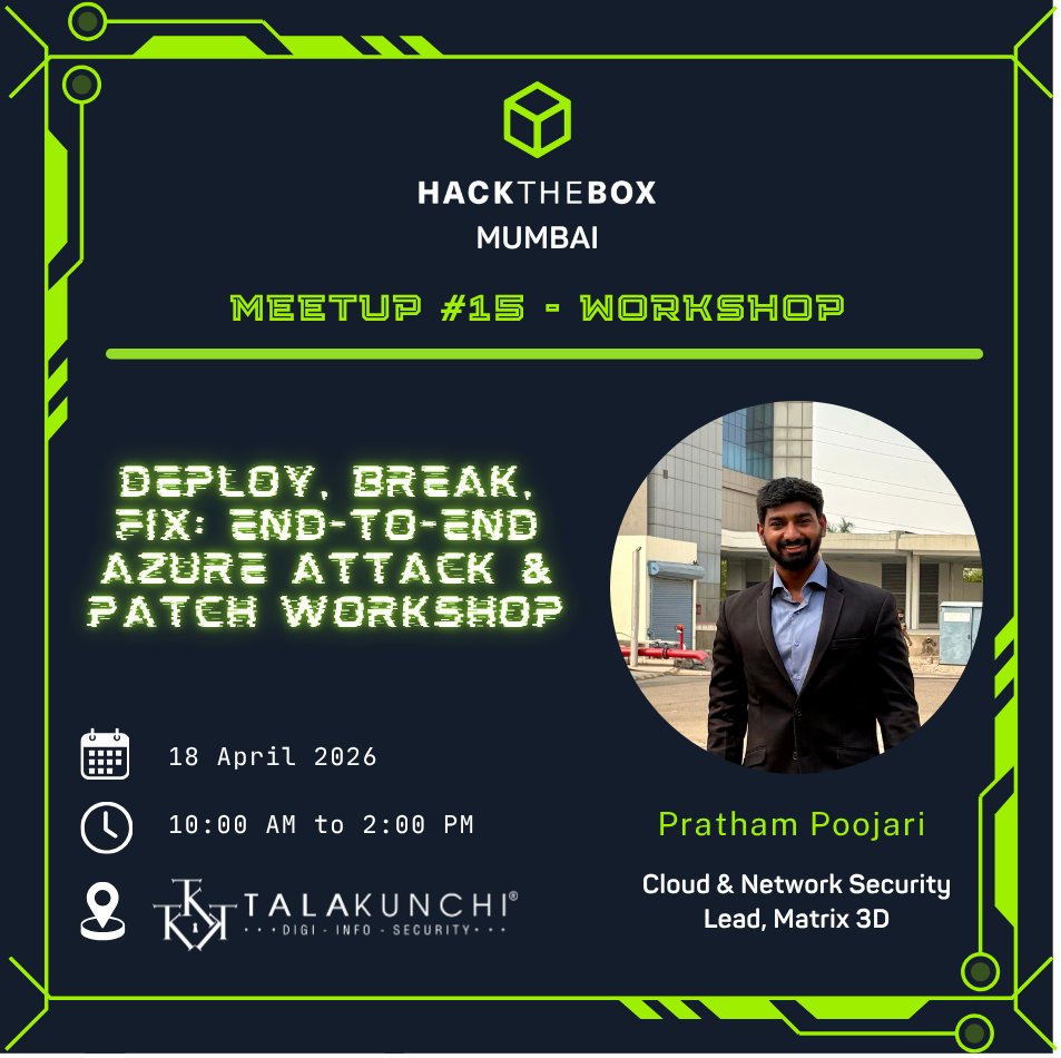 🚨Hack The Box Mumbai Meetup #15 is here! 🚨

📅 Date: Saturday, April 18, 2026
🕒 Time: 10:00 AM - 2:00 PM IST
📍 Venue: TalaKunchi Networks Pvt Ltd, Andheri
(lnkd.in/dX4aYUds)

Registration Link: lnkd.in/dDwEtHcS
<a href="/hackthebox_eu/">Hack The Box</a> #hacktheboxmeetup #htbmeetup