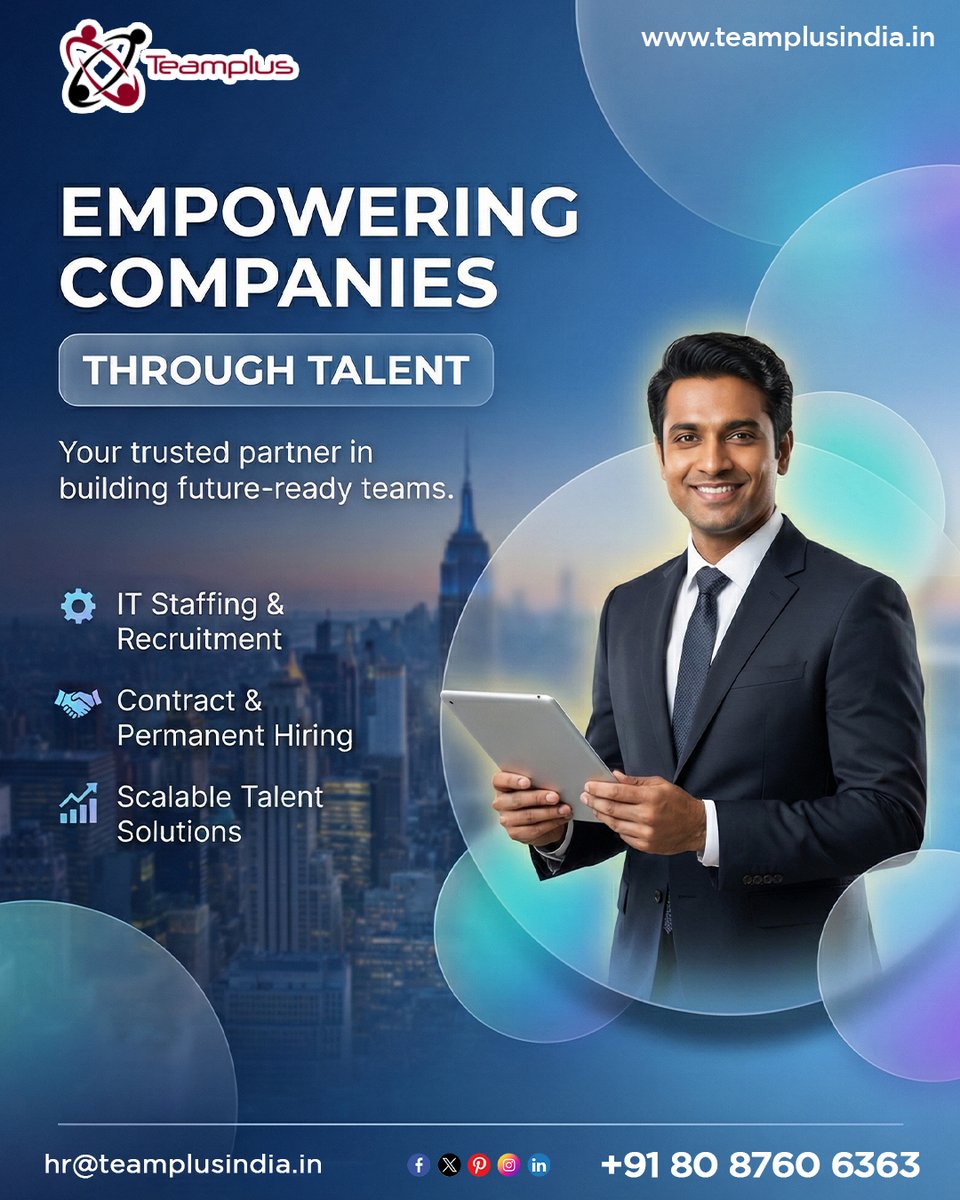 TeamPlusIndia's tweet photo. 🚀 Building Future-Ready Teams!
Teamplus empowers companies with expert IT Staffing, Contract &amp; Permanent Hiring, and Scalable Talent Solutions.
Your trusted talent partner for growth.
Let’s hire smarter! https://t.co/BfbXILrQwi
