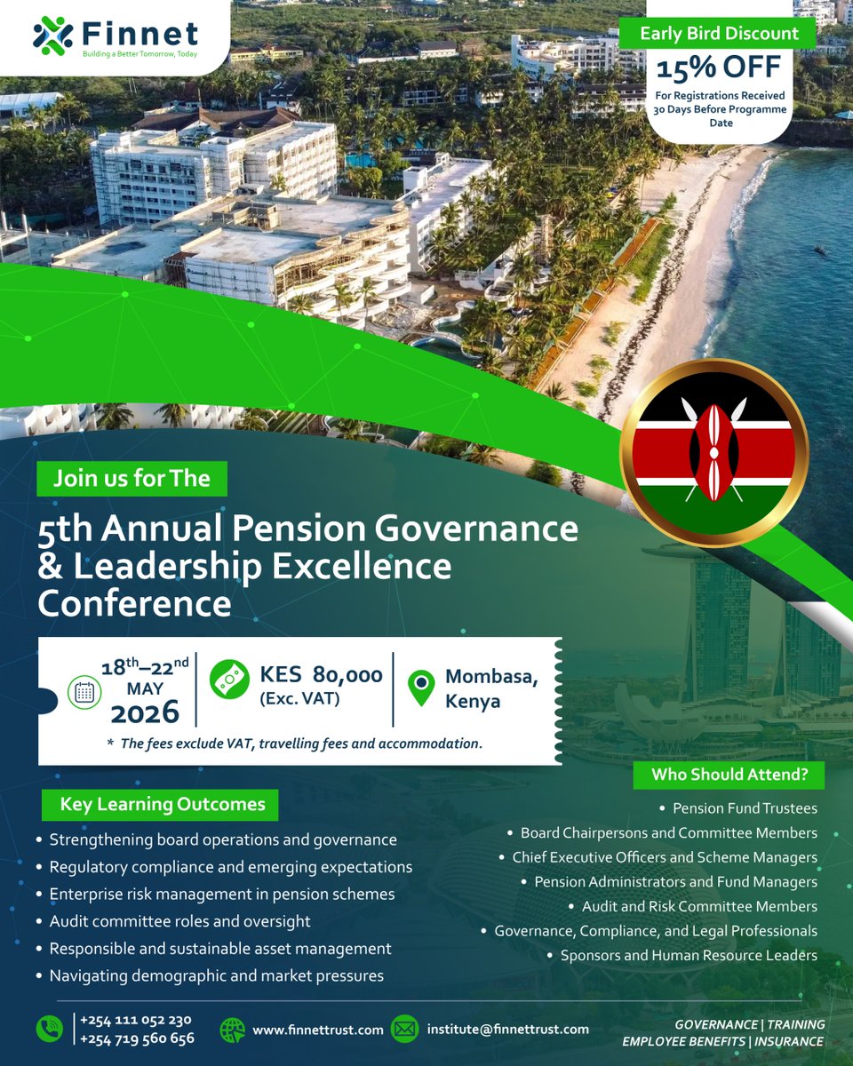 FinnetLtd's tweet photo. We invite you to the 5th Annual Pension Governance Conference happening in May from 18th - 22nd.

Download the Full program brochure here
https://t.co/OqXhpn7IU0

Talk to us today to secure your slot.
institute@finnettrust.com
+254 719 560 656 https://t.co/bxg5ebUbp4