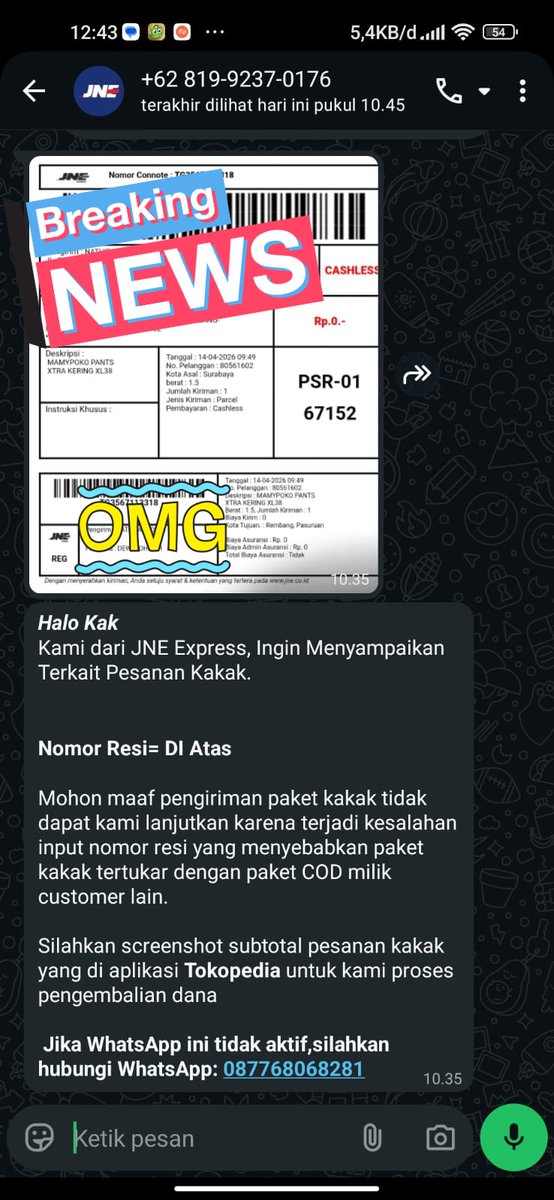 NuruRohimu's tweet photo. Halo @JNECare @JNE_ID ini ada yang mau menipu saya. Ini mereka dapat darimana ya resinya?
Cc: @tokopedia @TokopediaCare https://t.co/TRZBNNfu1v