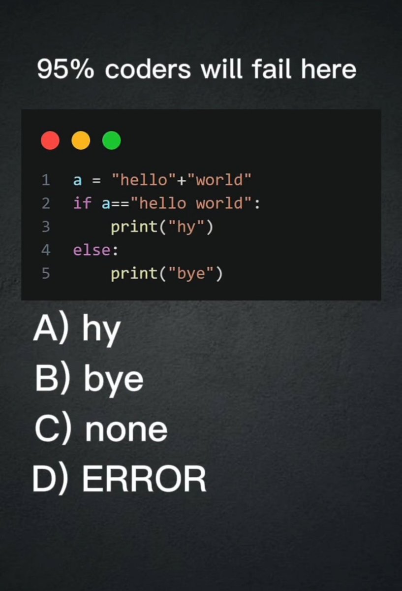Python_Dv's tweet image. You call yourself a Python coder? 🐍

Prove it — solve this in the comments ⚡👇

#python #programming #codinglife #developers #100DaysOfCode
