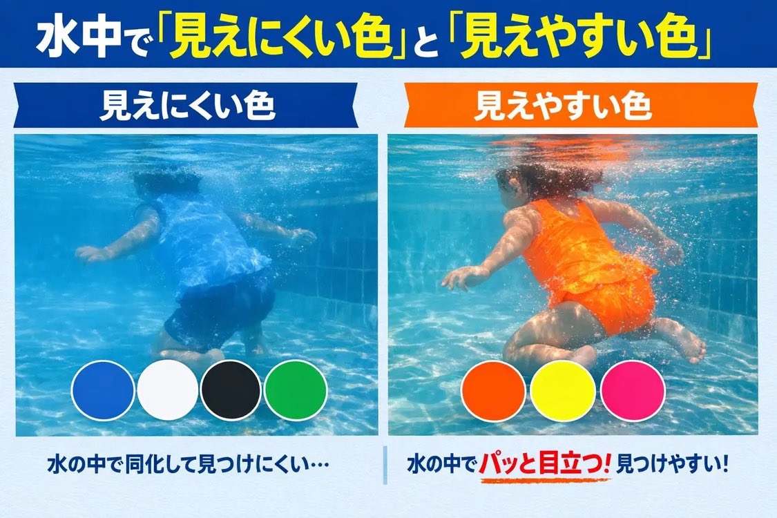 kodomo_kawaiii's tweet photo. これから水着買おうとしてるママへ⛱️

実は、水の中だと【青・白・黒・緑】はほぼ同化し見失いやすい色😭
逆に【ネオンオレンジ・イエロー・ピンク】は、水中でも色が沈まなくて見えやすい色‼️

2枚目のカラーチャートも参考に🙋‍♀️

子どもは静かに溺れます...みんなで気をつけたいね🥹 https://t.co/zpUbOpnZmE