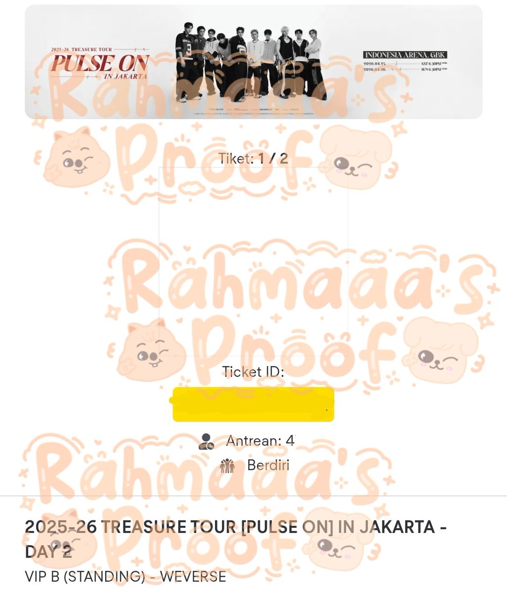 hyunhoii's tweet photo. WTS TIKET TREASURE PULSE ON IN JAKARTA

VIP B DAY2 (Qn 4**)
💸 4.000.000

RFS : Mau upgrade QN
✅️ Tiket pribadi atas nama sendiri
✅️ Dijamin trusted no tipu2, bisa cek akun aku
✅️ DP &amp; sisanya COD Venue saat sudah jd wristband

#TREASUREinJKT #PULSE_ON_JAKARTA #PULSE_ON https://t.co/ubnVztYlwy