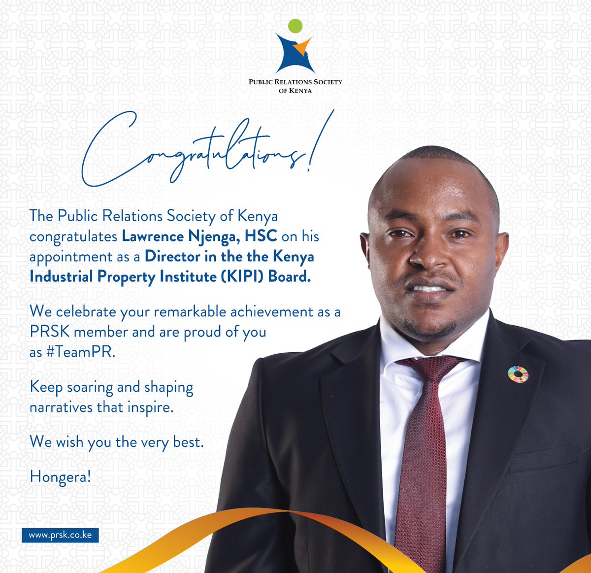 prskkenya's tweet photo. Join us in congratulating @LawrenceNjenga, on his appointment as a Director in the the Kenya Industrial Property Institute (KIPI) Board.
We celebrate your achievement and wish you success.
#TeamPR celebrates you! https://t.co/d0g2sU2RUl