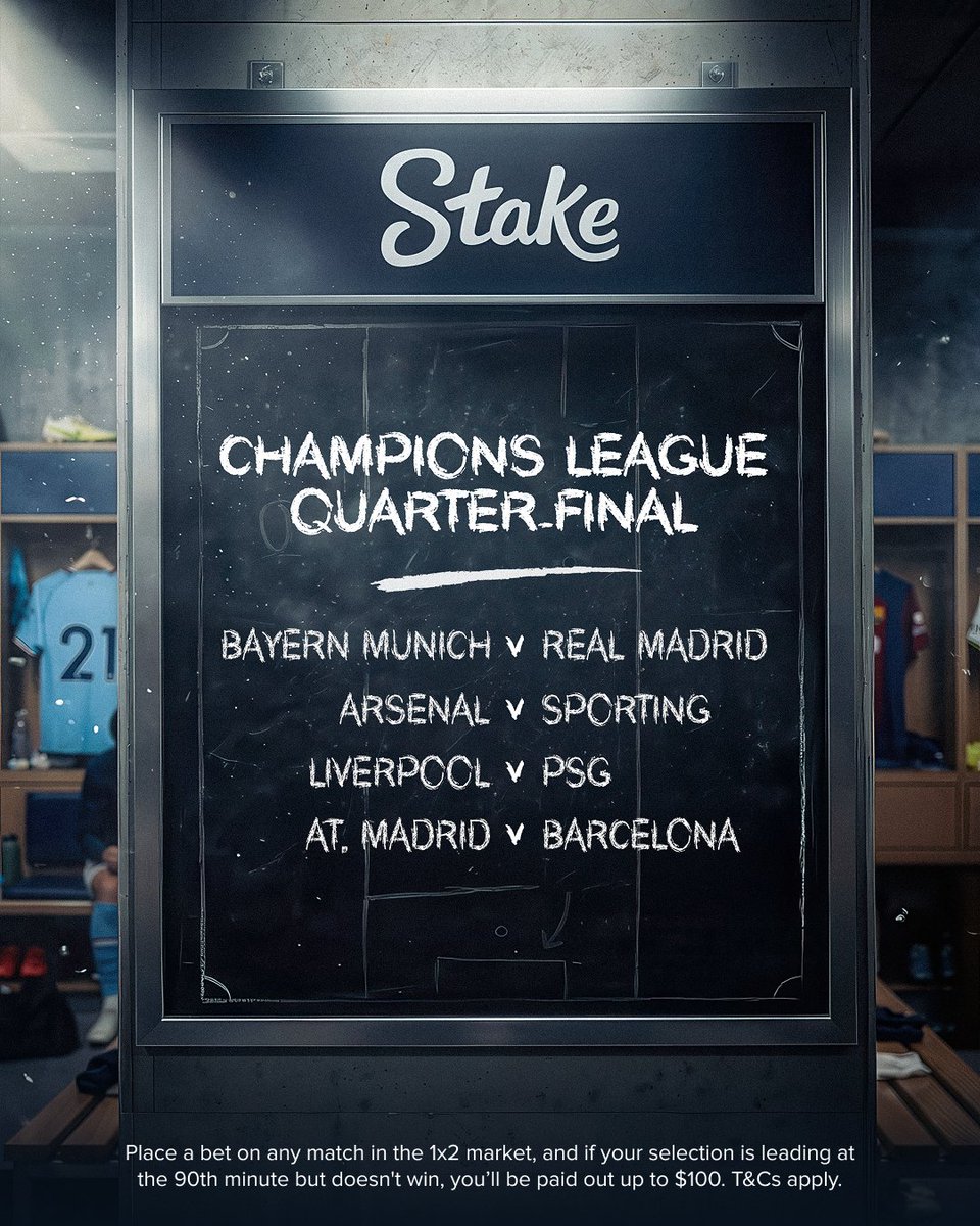Stake's tweet image. It's the Champions League quarter-finals second leg 🔥 

Who are you backing?