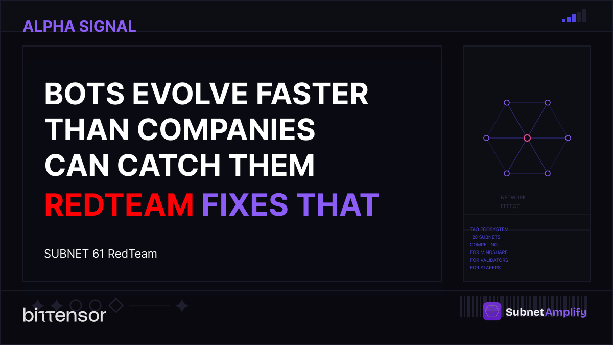 subnetamplify's tweet photo. #SN61 RedTeam: What It Does and Why It Matters 🧵
@_redteam_ is a competitive coding arena for cybersecurity. Miners submit scripts that solve real security problems. Detecting bot frameworks, fingerprinting devices, mimicking human behaviour to test detection systems. The best code wins emissions, and the output feeds directly into production security products that are already deployed at scale.
$TAO