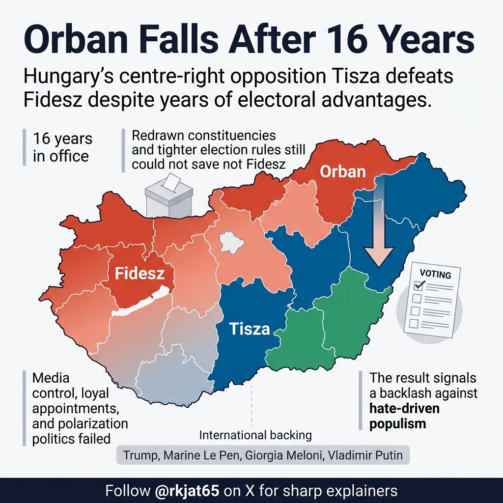 Hungary’s Viktor Orban, once branded “Trump before Trump,” has been rejected by voters after 16 years. 
Despite redrawn constituencies, media control, and hardline polarisation, Fidesz fell to Tisza — a sharp rebuke to hate-driven populism.