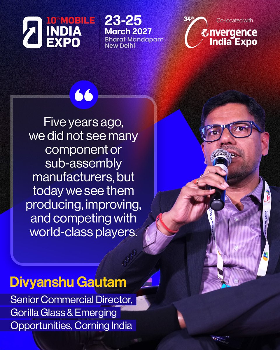mslexpo's tweet photo. India’s mobile manufacturing ecosystem is no longer just assembling, it is building and competing at a global level!📱

As highlighted by Divyanshu Gautam, the rise of component and sub-assembly players marks a powerful shift in capability.

#CI2027 #MI2027 #MobileIndiaExpo https://t.co/QiXyL5ZN7k