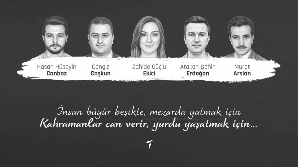TUSAS_TR's tweet photo. ‘‘Bu vatan toprağın kara bağrında 
Sıradağlar gibi duranlarındır…’’

Vatanımızın bağımsızlığı ve milletimizin huzuru uğruna gözlerini kırpmadan mücadele eden kahramanlarımızın fedakârlıkları ve cesaretleri milletimizin hafızasında daima yaşayacaktır.

Aziz şehitlerimizin bizlere emanet ettiği bu toprakları korumak ve daha güçlü yarınlara taşımak için aynı azim ve kararlılıkla gökyüzünde ilerlemeye devam edeceğiz.

Tesisimize yapılan hain saldırıda şehit olan Zahide Güçlü Ekici, Hasan Hüseyin Canbaz, Atakan Şahin, Cengiz Coşkun ve Murat Arslan başta olmak üzere tüm aziz şehitlerimizi rahmet ve minnetle anıyoruz.

Ruhları şad olsun. 🇹🇷

#ŞehitlerHaftası
