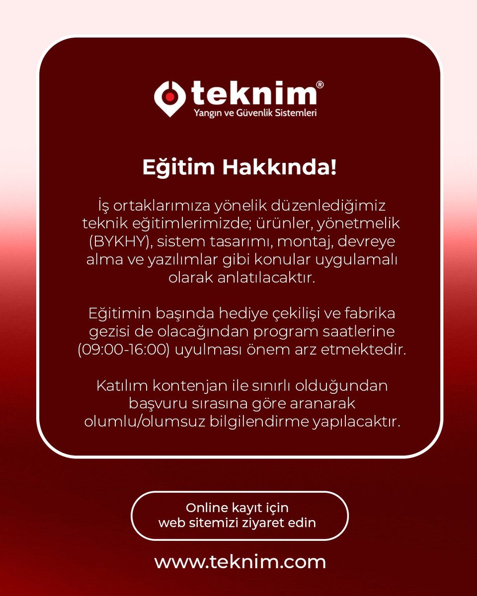 Teknim's tweet photo. İş ortaklarımıza yönelik düzenlediğimiz teknik eğitimlerimizde; ürünler, yönetmelik (BYKHY), sistem tasarımı, montaj, devreye alma ve yazılımlar gibi konular uygulamalı olarak aktarılacaktır.  📌 Kontenjan dolmadan yerinizi ayırtın: https://t.co/me86c0glry  #teknim #eğitim https://t.co/DFHlAN5nJk