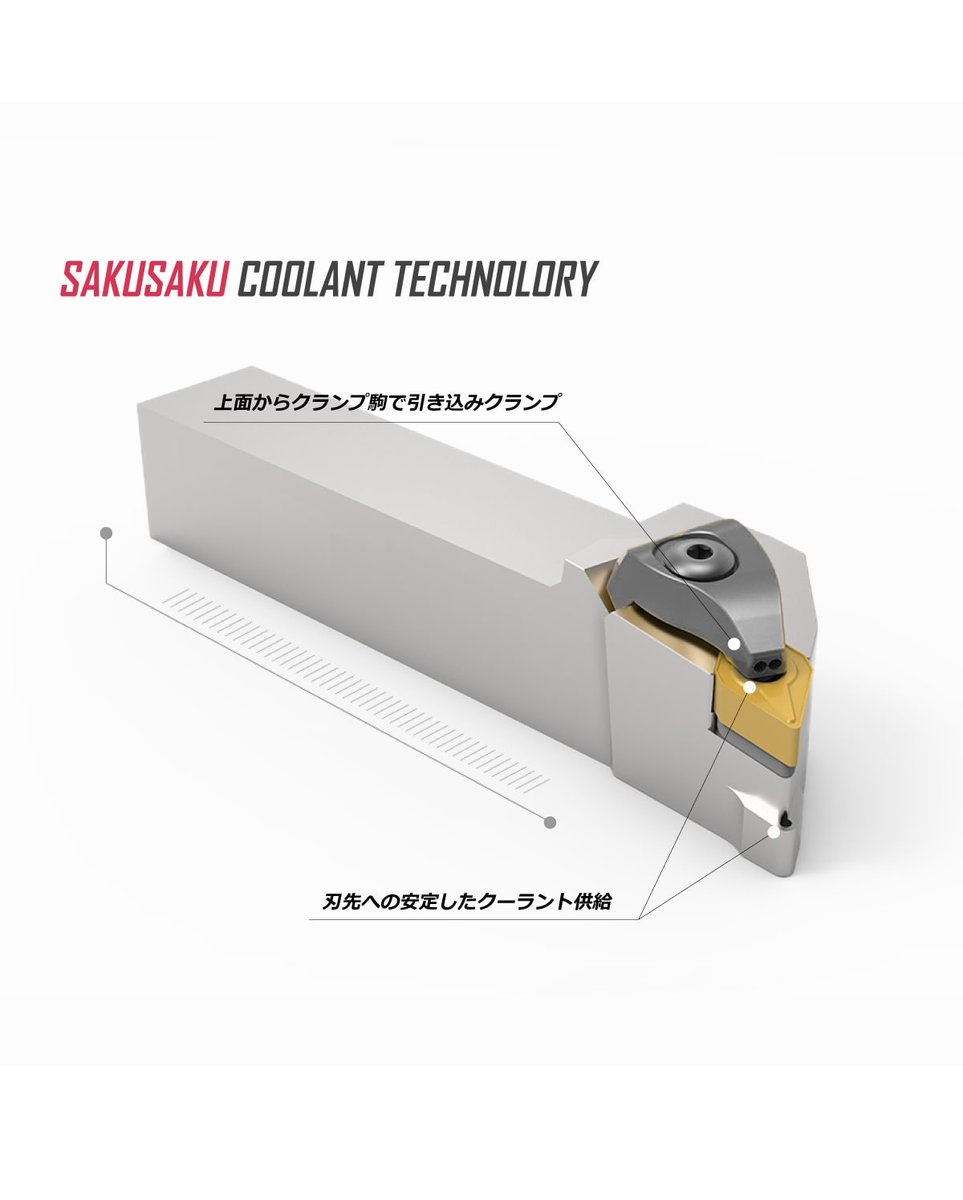 タングステン高騰にナフサショック...
深刻なニュースが多いですが、新商品紹介です！

【NEW】内部給油ホルダー
25角／右勝手／TN1604チップ用

✅上面からクランプ駒で引き込みクランプ
✅刃先への安定したクーラント供給

SAKUSAKUブランド価格でお求めやすい価格です！
sakusakuec.com/shop/g/gS00063…