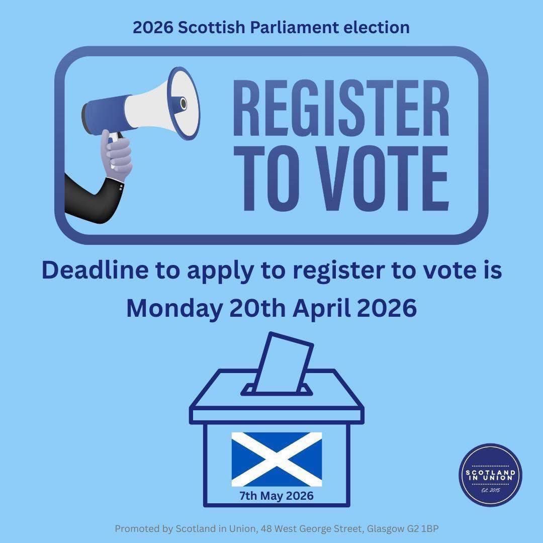 Register to vote for the 2026 Scottish Parliament election.

The deadline to register is Monday 20th April 2026.

It only takes a few minutes to sign up online:
gov.uk/register-to-vo…

Make sure you are registered so you can have your say on Thursday 7th May 2026.