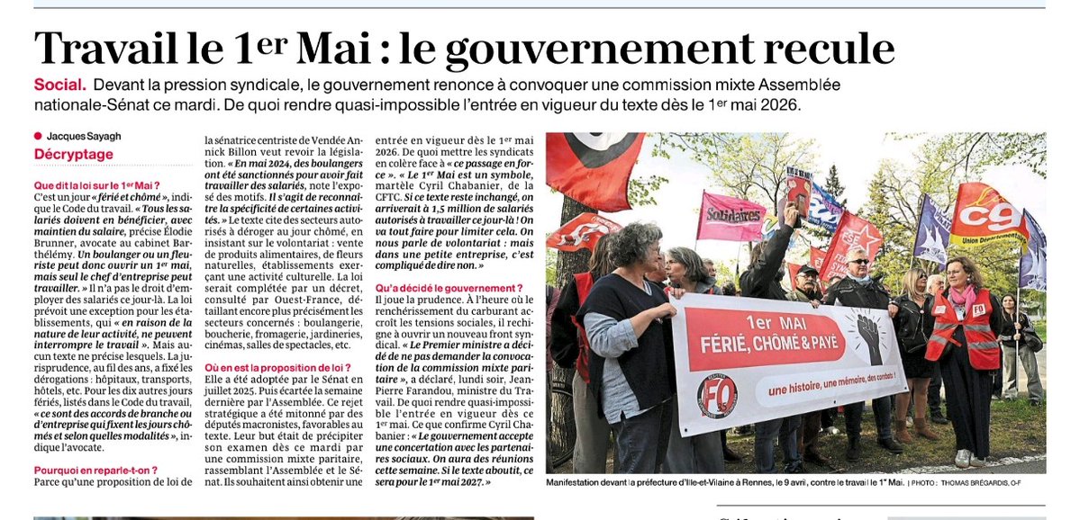 Source Ouest-France: l'UD FO 35 était encore visionnaire sur ce sujet, "Travail le 1er Mai : le gouvernement recule".