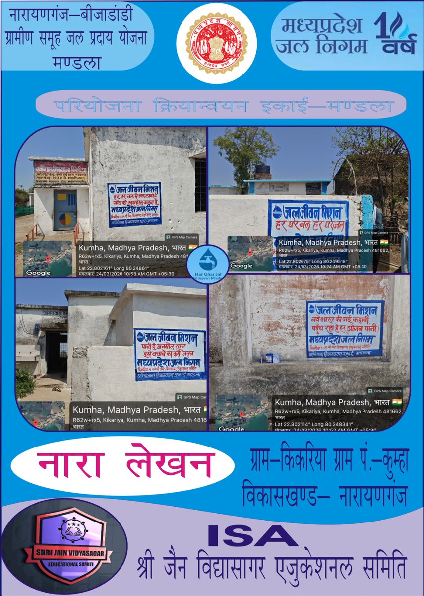 ग्राम-किकरिया
ग्राम पंचायत -कुम्हा
जिला -मंडला 
विकासखंड - नारायनगंज
जल निगम मध्यप्रदेश ISA के द्वारा उद्देश्य:  तक सभी ग्रामीण घरों में व्यक्तिगत घरेलू नल कनेक्शन के माध्यम से सुरक्षित और पर्याप्त पेयजल उपलब्ध कराना।जल जीवन मिशन का नारा, जल संरक्षण है कर्तव्य हमारा।"