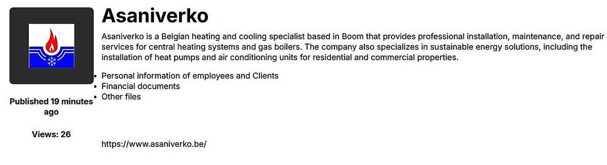 FalconFeedsio's tweet image. 🚨 Ransomware Alert : 🇧🇪

Asaniverko BV (asaniverko.be), an Belgian-based installation and maintenance provider in HVAC services, has reportedly fallen victim to the Space Bears ransomware group.

🔎 Key Details:
🗓 Reported on: 14/04/2026
🛡️ Threat actor: Space Bears