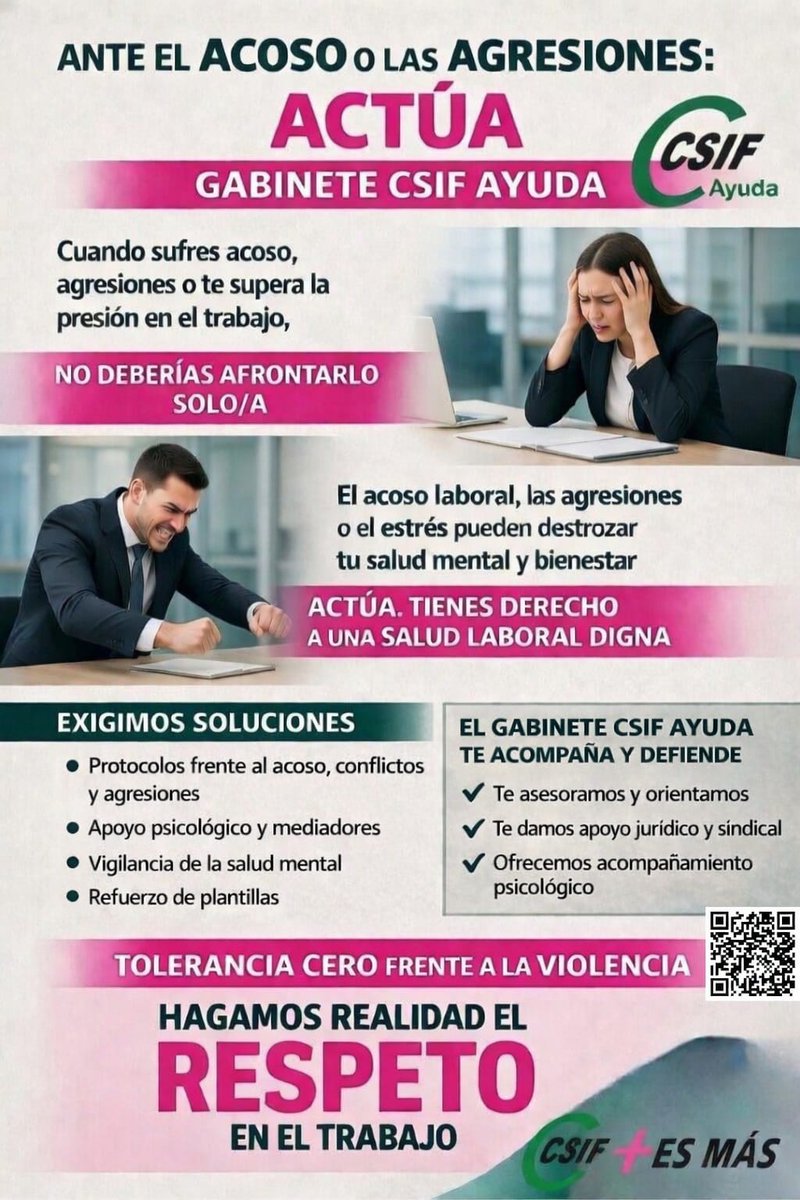 🟢 Ante el acoso o las agresiones: ACTÚA

🫂 Cuando sufres acoso, agresiones o te supera la presión en le trabajo, no deberías afrontarlo solo/a.

🗣️ Exigimos soluciones:
✅Protocolos frente al acoso y agresiones 
✅Evaluaciones psicosociales
✅Apoyo psicológico y mediadores