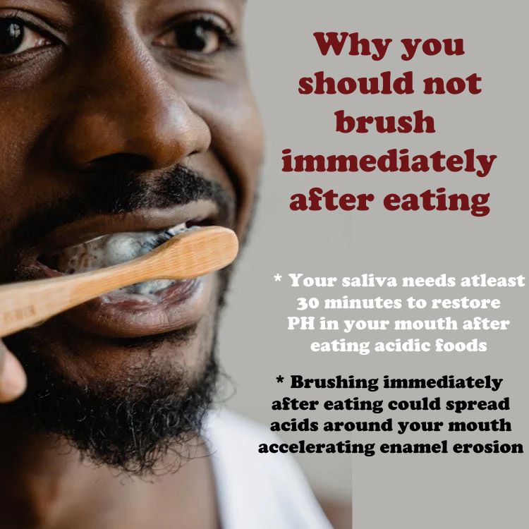 ugandadental's tweet image. Hold off on brushing after acidic food or drinks! Your saliva needs time to neutralize the acid and re-harden your enamel. Brushing too soon can actually wear it down. Wait 30-60 minutes to protect your smile. #OralHealth