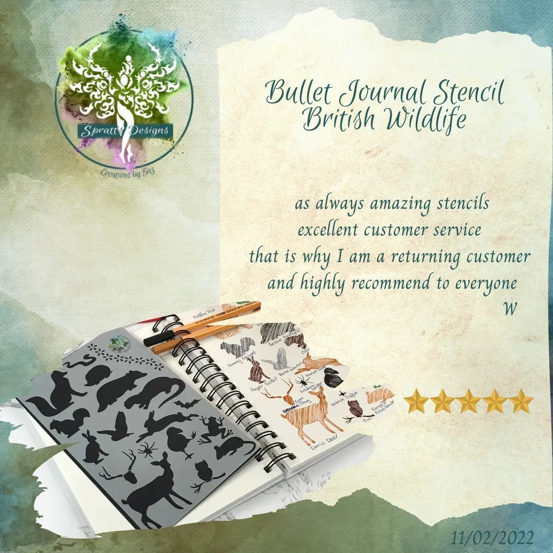 CraftingSpratt's tweet image. The British #Wildlife Journal stencil can also be used for Arts &amp;amp; Crafts, have some fun with your Journaling Stencils like this Happy Customer is going to.  Wildlife stencil buff.ly/456ZE0r Full stencil range: buff.ly/3rbFHmI 
🦌 📚 
#BulletJournal #Stationery