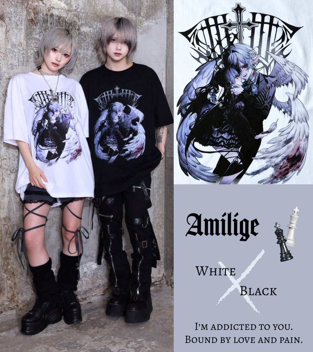 OfficialAmilige's tweet photo. ＼　😈New　Arrival👼　／
めちゃかわ新作Tシャツ、発売start！！ダークな世界に描かれた天使と悪魔。Amiligeの世界観がたっぷりな1枚。性別関係なく着れるから、お揃いリンクコーデも♡♡

【 Web先行発売👇ここからチェック 】
https://t.co/2NaNDZLYzV https://t.co/J11ezIT05p