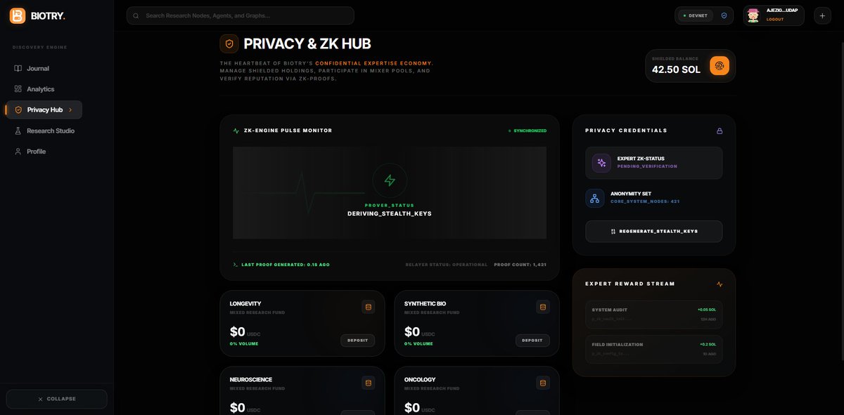 BiotryApp's tweet photo. 2/3 Bridge Reputation &amp; Privacy. 🧪✨

With @UmbraPrivacy, Biotry enables Shielded Research Funding.

☑️ Fund breakthroughs without exposure.
☑️ Verify through decentralized logic.
☑️ Eliminate institutional bias from the capital flow.

#PrivacyProtocol #ConfidentialEconomy https://t.co/84fbhIAewK