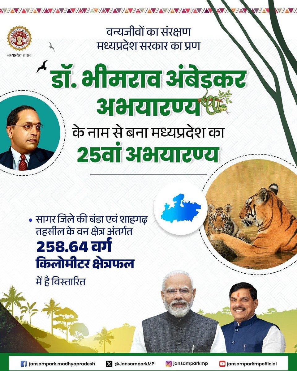 JansamparkMP's tweet photo. वन्यजीवों का संरक्षण
मध्यप्रदेश सरकार का प्रण

#सागर में "डॉ. भीमराव अंबेडकर अभयारण्य" के नाम से बना #मध्यप्रदेश का 25वां अभयारण्य 

#WildlifeTourism #JansamparkMP https://t.co/B13TJYrqRq