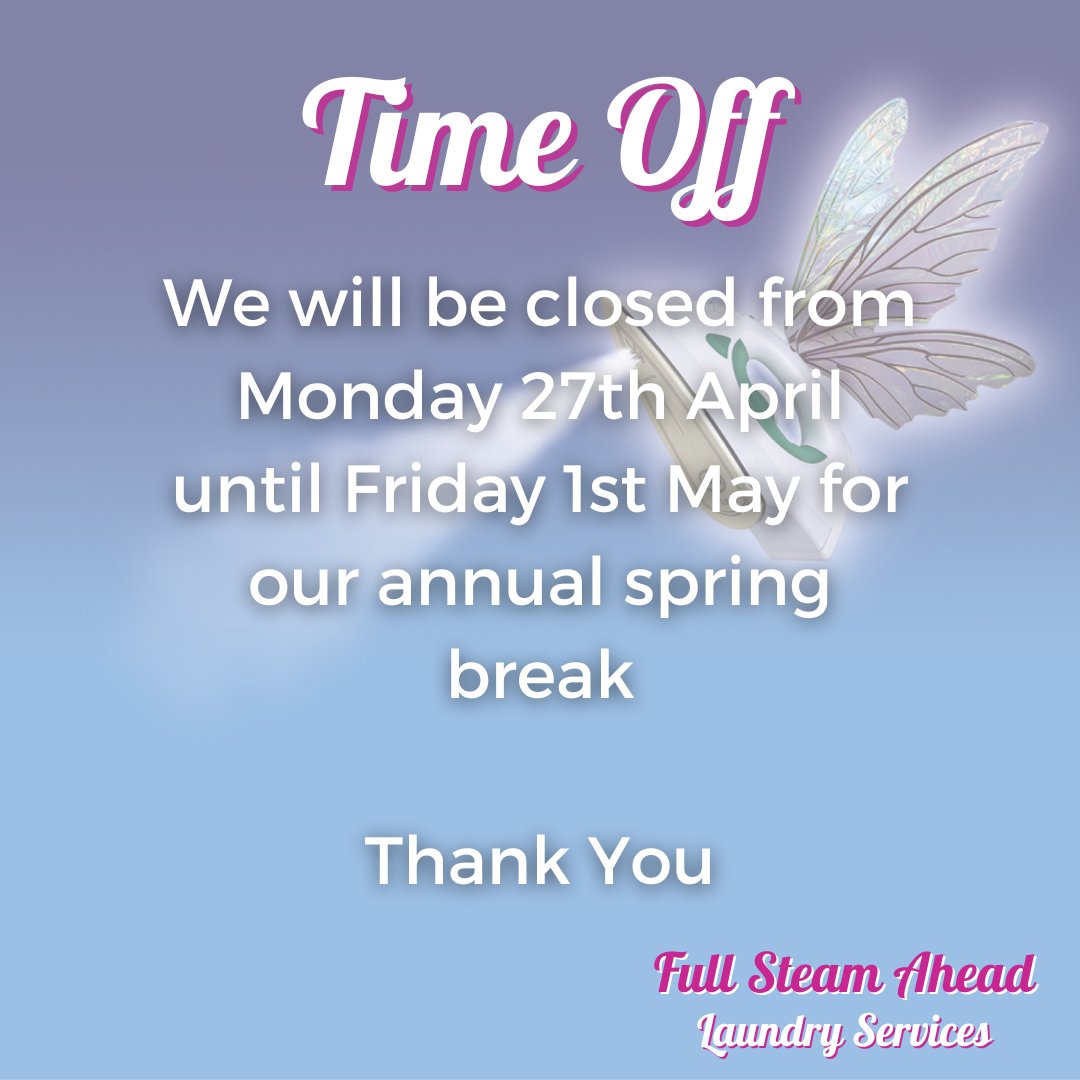 Planning your laundry? 👕

We’ll be closed from 27th April to 1st May, so please get any items in before then if you need them done!

Back open as normal from 4th May

#laundry #wellearnedbreak #springbreak
