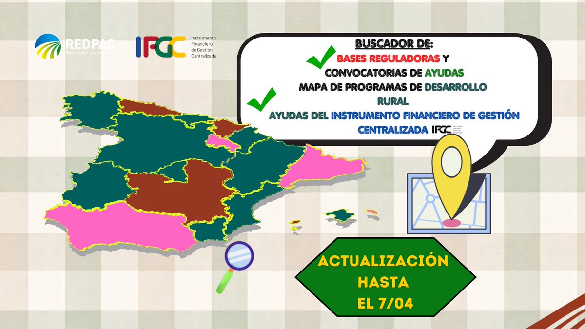 redPAC_'s tweet photo. 👉Siguen abiertas las convocatorias territoriales según los Programas de Desarrollo Rural (PDR) ➕ ayudas del Instrumento Financiero de Gestión Centralizada (IFGC)
🗺️Ayúdate con el mapa #Buscador interactivo
📍Ayudas actualizadas hasta el 7/04: https://t.co/TXOSZ2SZ9C https://t.co/A7VzG4taNh