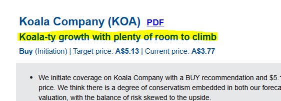 pup_st's tweet image. $KOA: Morgans have initiated with a Buy -A$5.13 price target… Apparently that’s based on 14x EV/Eucalyptus? **Groundbreaking**…. 🐨
#Initiation #ASX #Small Caps