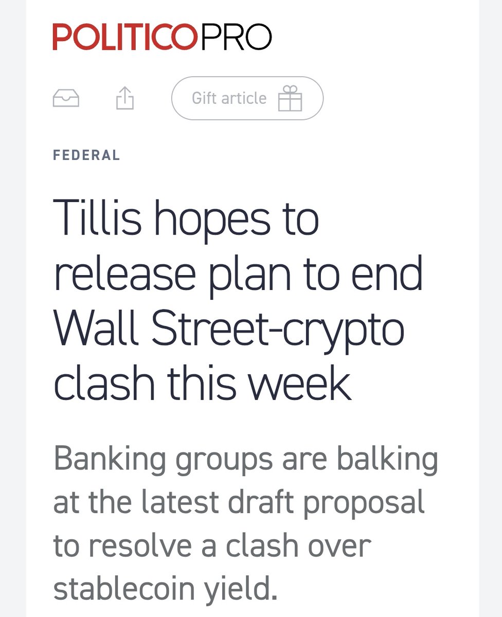 ChartNerdTA's tweet image. 🏛 #CLARITY: Per Politico, Senator Thom Tillis said he plans to release a "draft agreement" very soon 🔏 

Possibly as early as THIS WEEK to resolve the debate over stablecoin interest payments 🔥

The biggest sticking point in the #CLARITY Act might be coming to an end! 🇺🇸