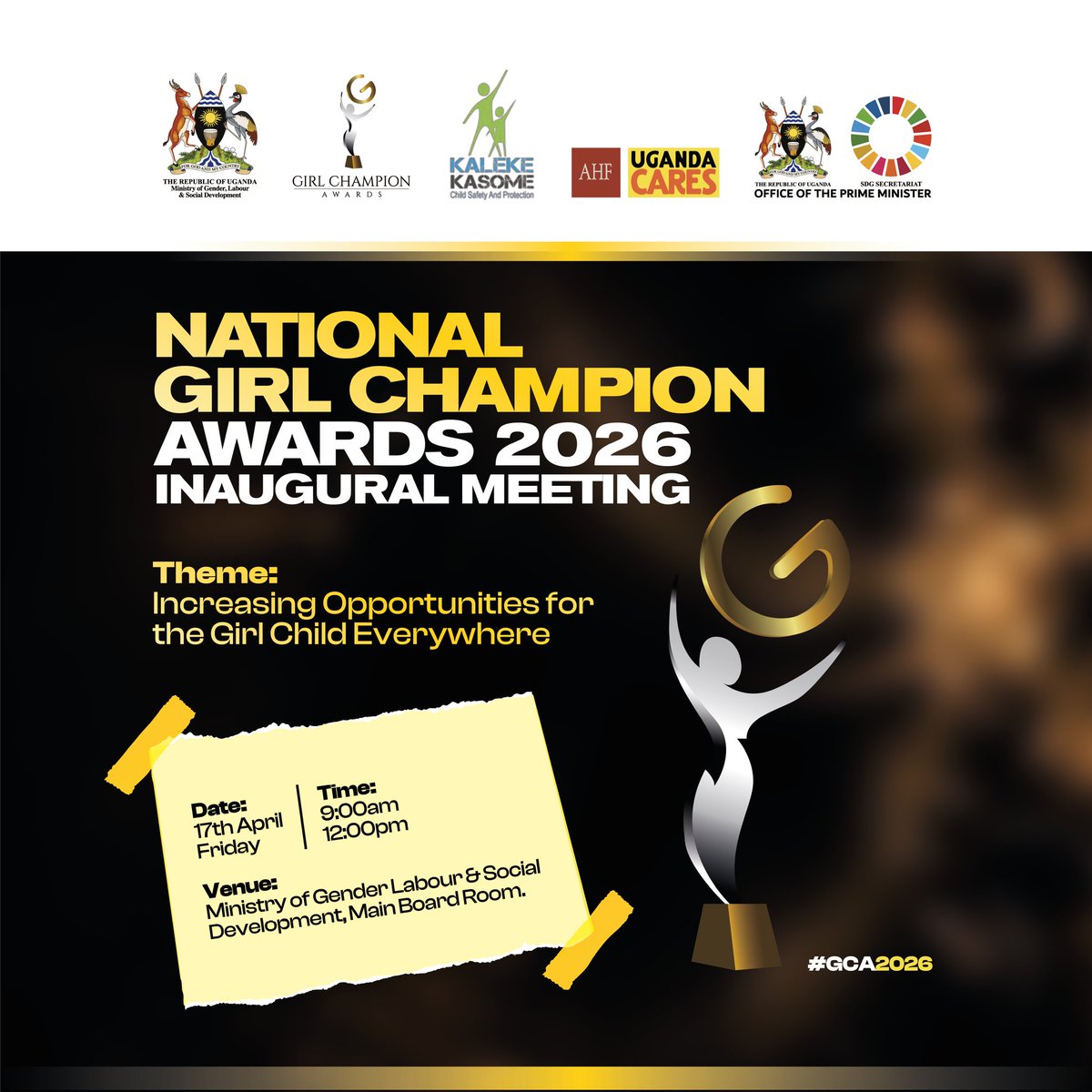 GirlChampAwards's tweet photo. This week, we embark on the journey to the 2026 National Girl Champion Awards💃🏾. Our induction meeting to onboard new partners will take place on Friday 18th April, 2026. Join us, let's make this year a unique one for the #GirlChampions out there. #GCA2026 #CelebratingResilience https://t.co/mGVRguHXbd