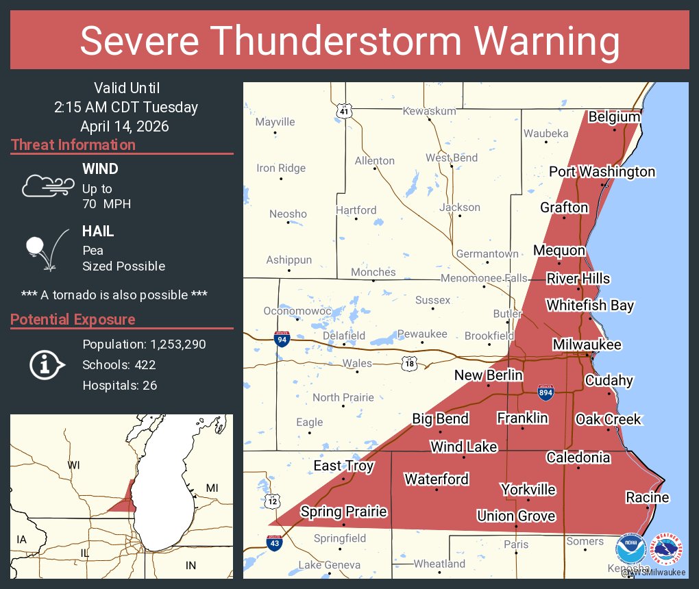 Severe Thunderstorm Warning continues for Milwaukee WI, Racine WI and ...