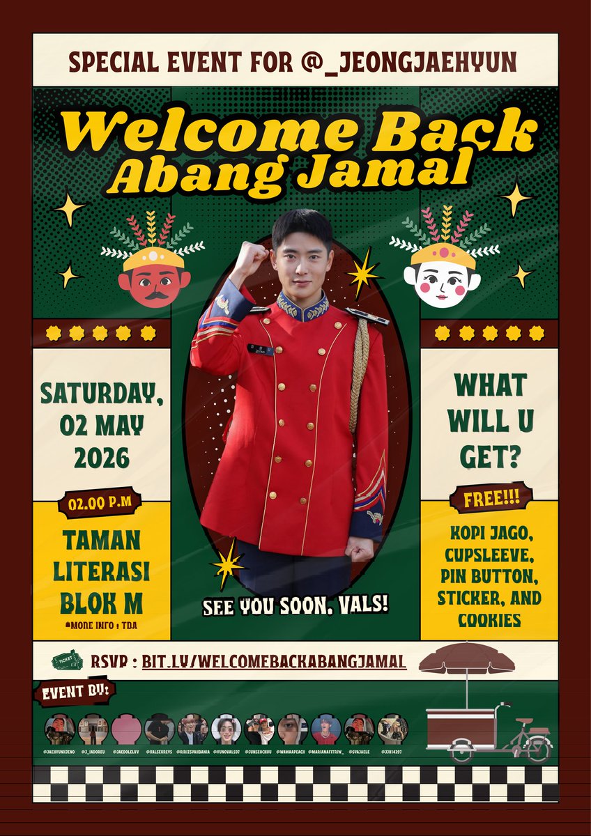 valseureys's tweet photo. 𝐖𝐄𝐋𝐂𝐎𝐌𝐄 𝐁𝐀𝐂𝐊 𝐀𝐁𝐀𝐍𝐆 𝐉𝐀𝐌𝐀𝐋
Special Event for Jeong Jaehyun

🗓️ Saturday, 02 May 2026
⏰ 02.00 P.M
📍 Taman Literasi Blok M
💸 𝙁𝙍𝙀𝙀

—rsvp. https://t.co/5uugDulBlj (close 21 April 2026)

*more info on gform

See you soon, vals! ✨

#JAEHYUN #재현 https://t.co/yw8RJBoqua