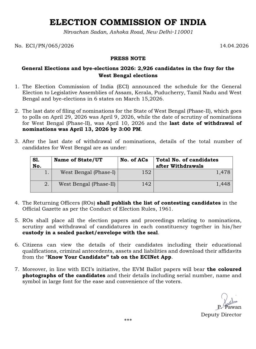 ECISVEEP's tweet image. General Elections and bye-elections 2026: 2,926 candidates in the fray for the West Bengal elections. 

Read more :  eci.gov.in/eci-backend/pu…
