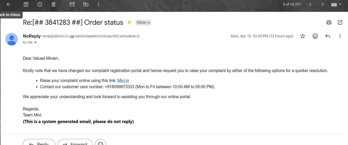 Solai_Raja37's tweet photo. @MiviOfficial @BlueDart_India I need help with Order #394043 placed on 8 Apr for ₹8,099.10. Six days later it's going nowhere and nobody is responding.
1/5 https://t.co/OrQUeZpgNS