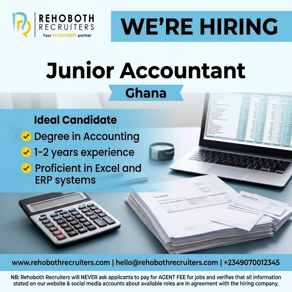 RrecruitersHQ's tweet image. #JuniorAccountant
Ghana | Full-time | Degree in Accounting

Ideal Candidate:
- 1-2 years exp
- Excel &amp;amp; ERP skills

Apply: hello@rehobothrecruiters.com or click link below 👇🏽
rehobothrecruiters.com/jobs

NB: Rehoboth Recruiters will NEVER ask for AGENT FEE.