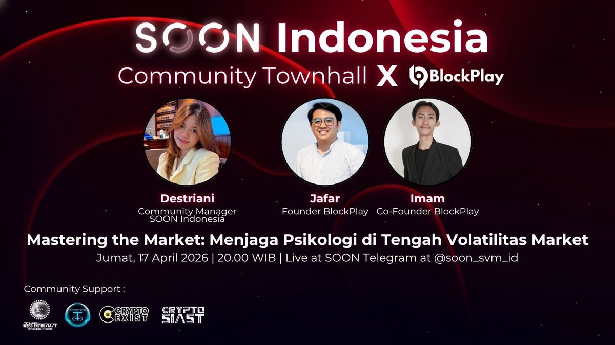 soon_svm_id_'s tweet photo. 🚨 AMA ALERT: SOON x BLOCKPLAY! 🚨

Udah capek kena mental karena market gampang banget berubah arah? Niat hati nyebar jaring pakai money management yang bener, eh malah ujung-ujungnya nge-degen "cacing-cacing naga-naga" gara-gara FOMO? 😫🐉

Jumat ini, SOON Indonesia bakal ngadain sesi deep talk bareng ahlinya dari Blockplay (@blockplayid) buat ngebahas tuntas soal:
🧠 Mastering the Market: Menjaga Psikologi di Tengah Volatilitas Web3 📉

Langsung merapat!
🗓 Jumat, 17 April 2026 | 20.00 WIB 
📍 Live di Telegram SOON Indonesia (https://t.co/VJhbWCw0I7)

🎁 TOTAL REWARDS: 
 $15 (in $SOON) buat 3 Penanya Terbaik dan 2 Peserta Teraktif

Cara Ikutan:
1️⃣Follow X @soon_svm_id_ dan Join Telegram SOON di https://t.co/VJhbWCw0I7
2️⃣Mengirimkan pertanyaan yang berkaitan dengan topik di group Telegram SOON dengan hashtag #TanyaSOONxBlockPlay
3️⃣ Hadir dan aktif saat AMA berlangsung!
4️⃣ Kirim chat bukti kehadiran pada sesi AMA di Telegram SOON