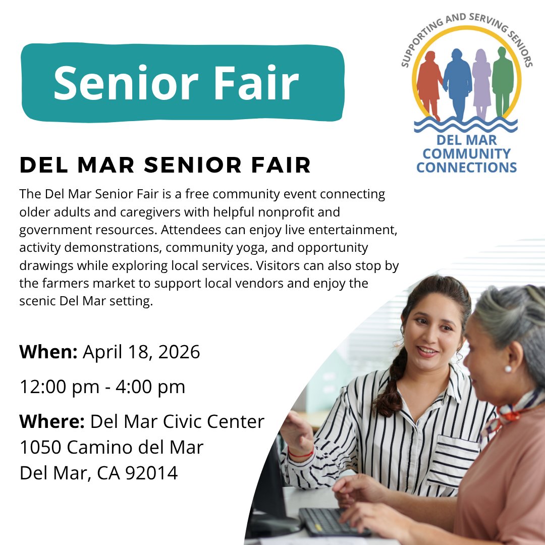 211SD's tweet photo. Join Del Mar Community Solutions on April 18th at 12pm for the Del Mar Senior Fair offering a free day of connection, resources, &amp; fun for older adults and caregivers. Guests can enjoy community yoga, activity demos, and more! Visit the link for more info: https://t.co/5cCrgvcGPz https://t.co/LduEra3vtj